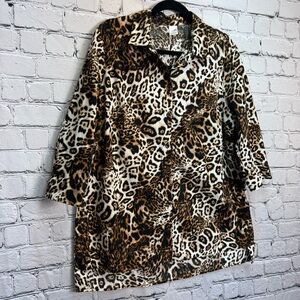 East 5th Leopard Print 100% Cotton Wood Button Down Blouse 3/4 Sleeves Size L